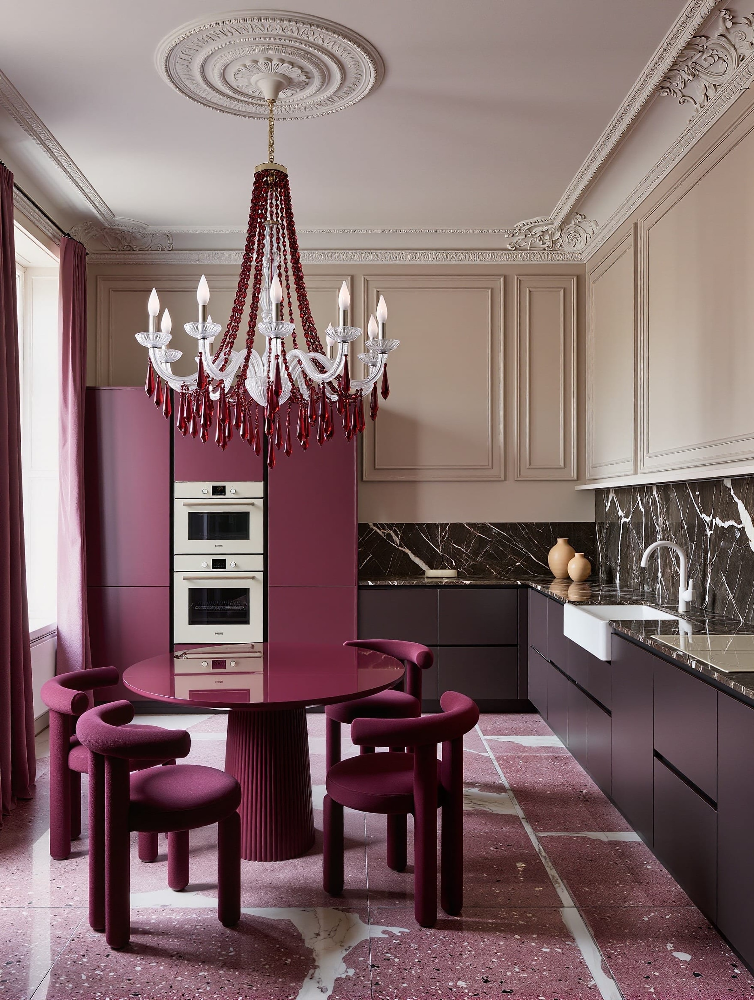 Cuisine sur mesure bordeaux dans un appartement haussmannien parisien : façades laquées, plan en marbre veiné, table ronde et lustre à pampilles.